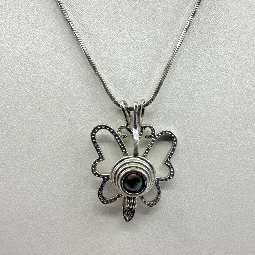 Silver Tone Butterfly Pendant Necklace With Dark Beaded Center Boho Chic Style